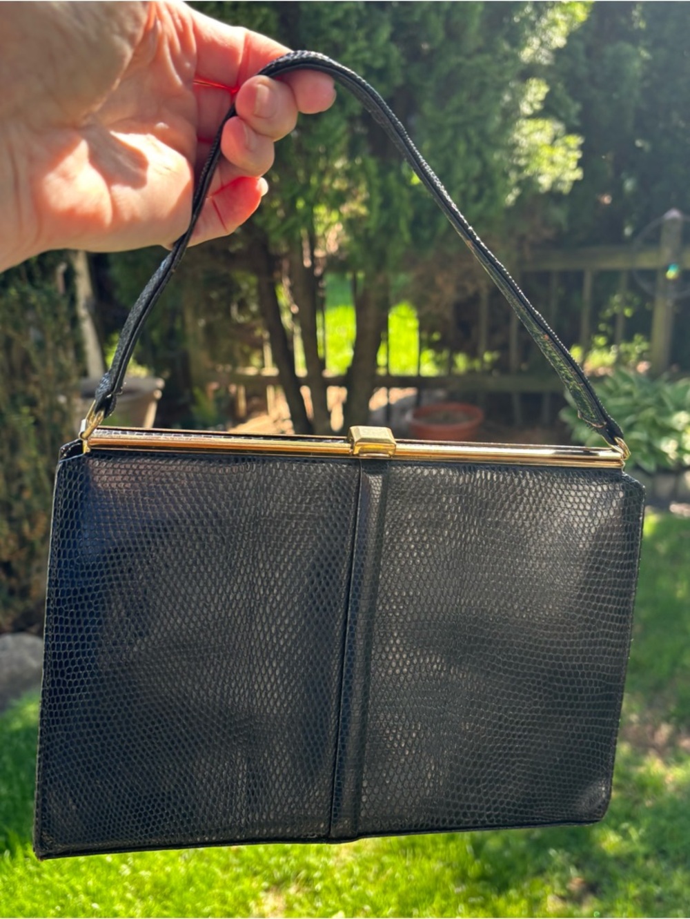 Vintage Lizard Skin Handbag Black Top Handle England 60s Frame Purse